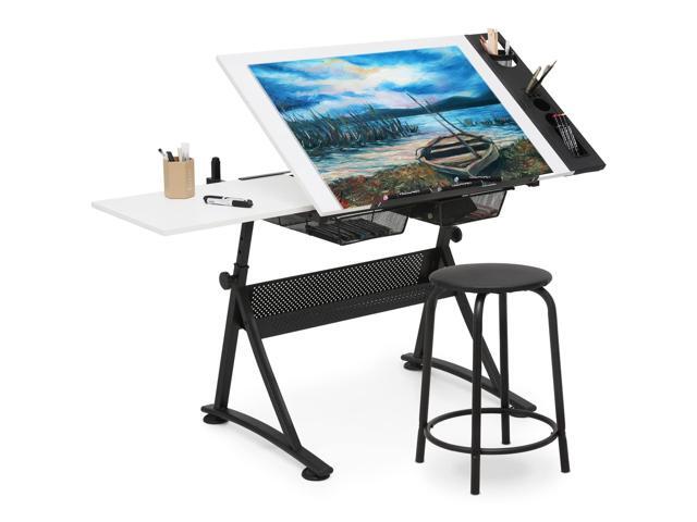 Art Deco Drafting Table, Height-Adjustable, Tiltable Tabletop, Stool for Reading Writing Painting, Homeschooling Desk for Children with 2 Storage...