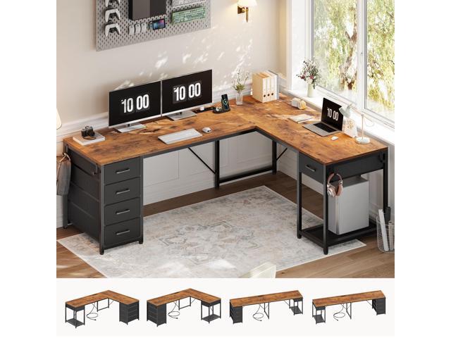 57' L Shaped Desk with 5 Drawers, Reversible Computer Corner Desk with Storage & Power Strip for Home Office, 78.7' Long 2 Person Desk, Rustic Brown