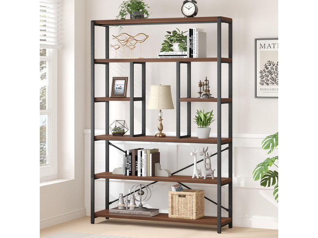 6 Tier Tall Bookshelf, Wood Metal Bookcases and Book Shelves 6 Shelf, Industrial Large Wide Etagere Book Shelf for Living Room, Vintage Rustic Big...