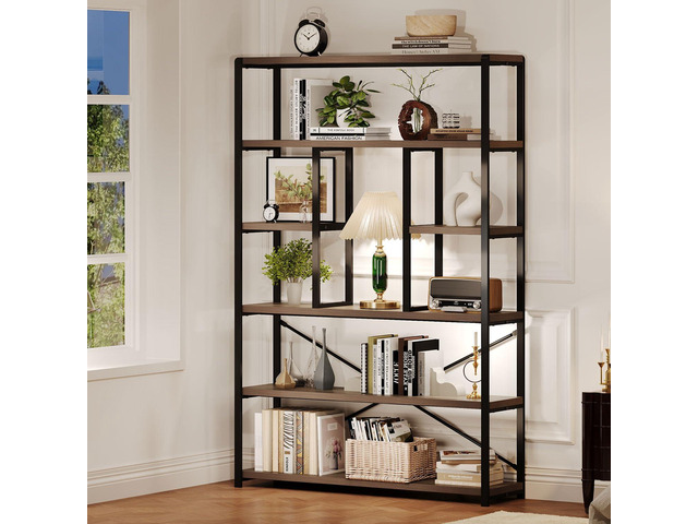 Tall Industrial Etagere Bookcase, Modern Wood Large Open 6 Tier Bookshelf, Vintage Wide Metal Book Shelf Organizer, Farmhouse Book Shelves for...