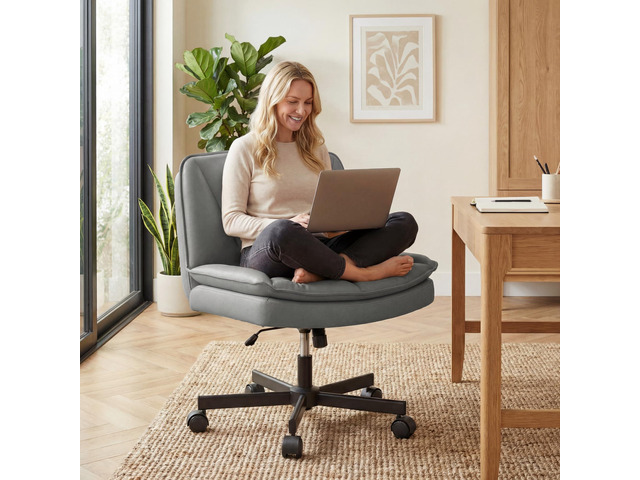 Criss Cross Office Chair with Wheels, Cross Legged Office Chair with 2 Layer Comfy Leather & Back, Armless Wide Vanity Chair for Home Office, Grey