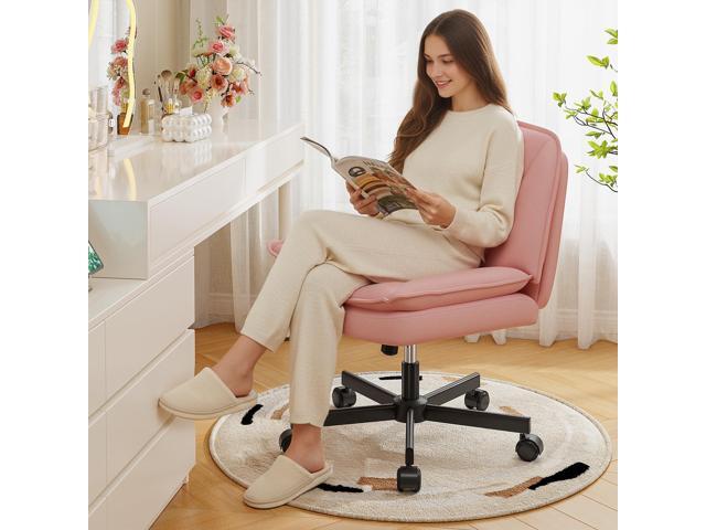 Criss Cross Office Chair with Wheels, Cross Legged Office Chair with 2 Layer Comfy Leather, Armless Wide Vanity Chair for Home Office, Pink