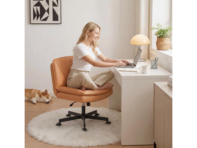 Criss Cross Office Chair with Wheels, Cross Legged Office Chair with 2 Layer Comfy Leather & Back, Armless Wide Vanity Chair for Home Office, Orange
