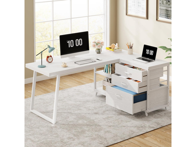 L-Shaped Computer Desk with 3 Drawers, Reversible Corner Home Office Desk with Shelves, 53-Inch Industrial PC Desk Study Writing Table Workstation...
