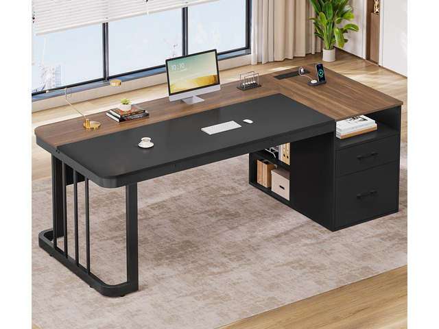 70.9' Executive Desk with Power Outlet, Large Office Desk with Drawers & Lateral File Cabinet, Long Computer Desk with Adjustable Storage Shelves,...