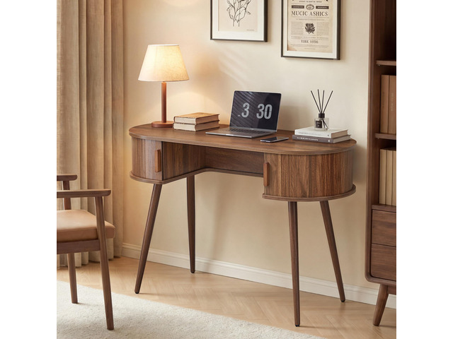 43' Oval Fluted Home Office Desk, Small Computer Desk Mid Century Modern Vanity Table with Sliding Tambour Door, Wooden Writing Study Desk for...