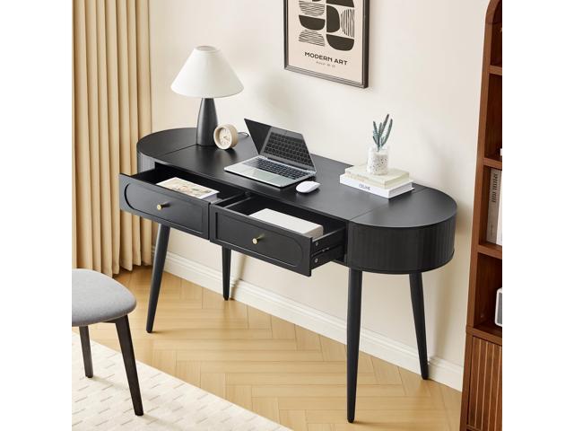 59' Black Home Office Desk, Multiple Storage Wood Writing Desk, MCM Elegant Fluted Table Desk with 2 Flip Hide Storage + 2 Drawer for Apartment.