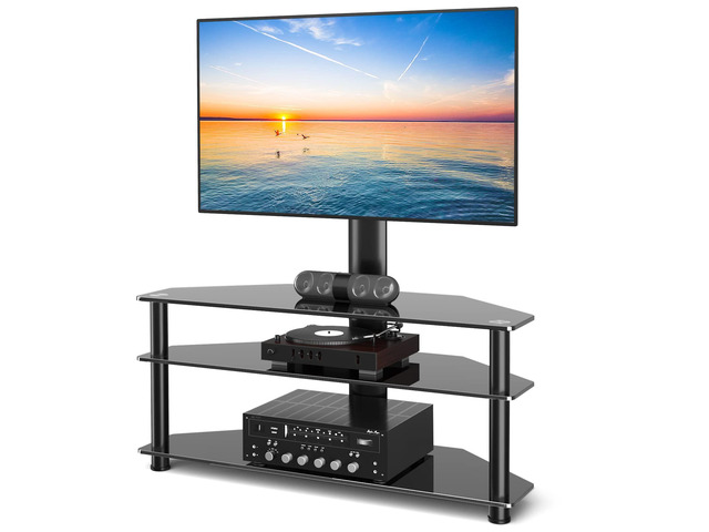 Swivel Floor TV Stand with Table for 32-70 Inch TVs, Universal Height Adjustable TV Floor Stand with Large Storage Shelves, Strong Corner TV Stand...