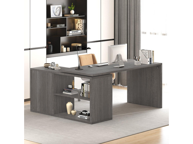 L Shaped Computer Desk, Rustic Wood Corner Desk, Industrial Writing Workstation Table with Cabinet Drawer Storage for Home Office Study, Grey 55 inch