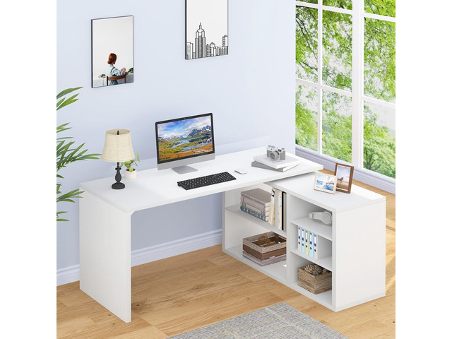 White L Shaped Desk with Shelf, Reversible Modern Home Office Desk Workstation, L Shape Computer Desk with Storage Cabinet Drawer, Industrial Wood...