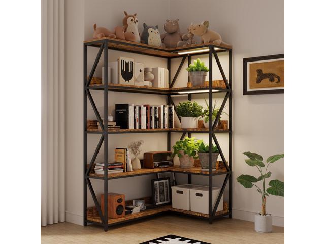 Large Farmhouse Style 5 Tiers Corner Bookshelf with Grow Light, Extra Wide Plant Stand & Bookcase for Home Office Craft SpaceLiving Room, Rustic...
