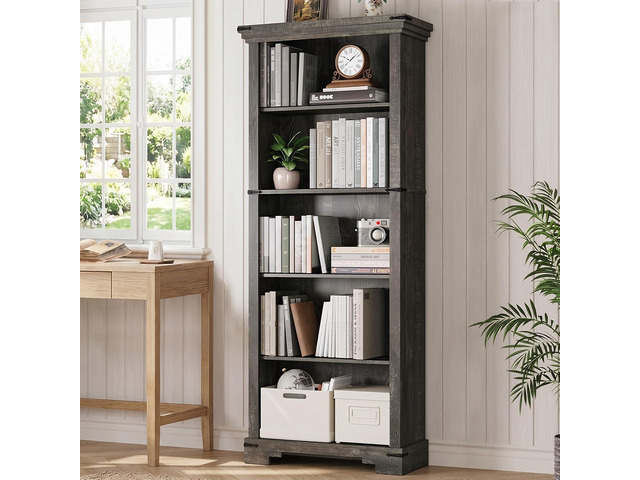 5-Tier Farmhouse Bookshelf, 61.1 inch Tall Bookcase with Storage & Unique Design & One Adjustable Shelf, Wooden Bookshelf for Study Room, Living...