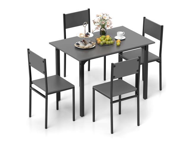 5-Piece Dining Table Set for 4, High-Back Chairs, Grey Metal Frame, Adjustable Footpads, Rustic Industrial, Space-Saving for Small Apartment &.