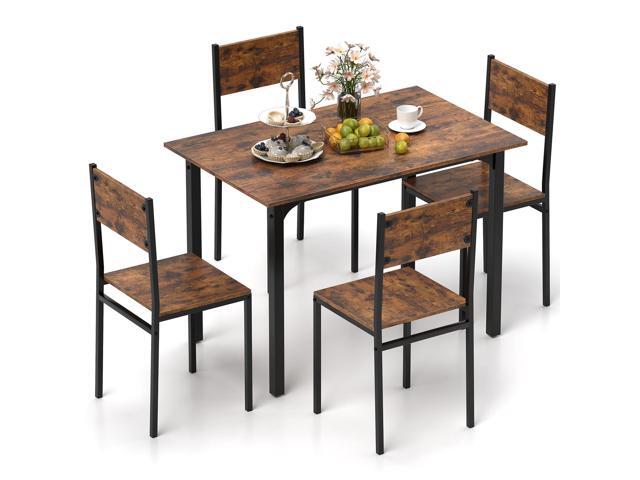5-Piece Dining Table Set for 4, High-Back Chairs, Rustic Brown Metal Frame, Adjustable Footpads, Rustic Industrial, Space-Saving for Small...