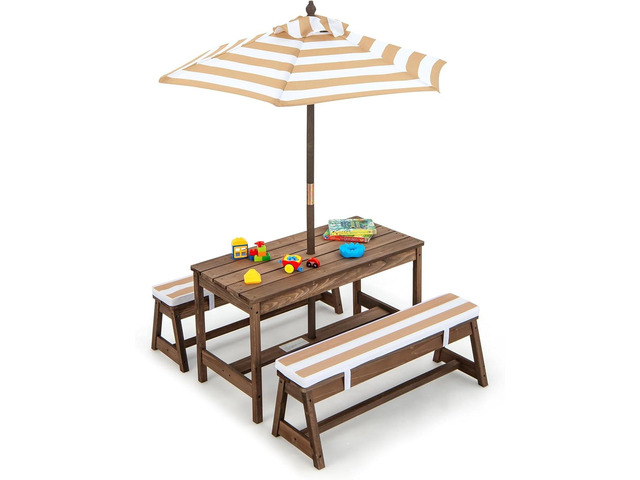 Kids Rustic Rectangular Wooden Toddler Picnic Table & Benches w/Cushions & Brown Fabric, Children Backyard Furniture w/Height Adjustable Umbrella,...