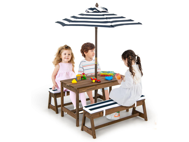 Kids Picnic Table, Outdoor Toddler Table and Bench Set with Removable Umbrella & Cushions, Wooden Outdoor Kids Furniture Set, Gift for Toddler Aged...