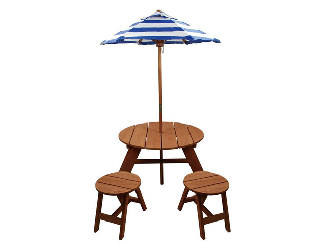 Home Wear Durable Wood Round Table 2 Chairs and Umbrella Set for Kids Outdoor & Indoor Use Blue-and-White Striped Umbrella Easy Assembly Ideal for...