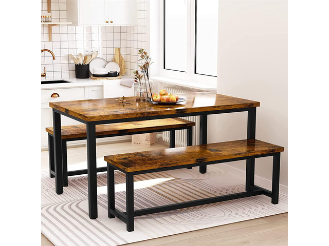 Dining Room Table Set with 2 Benches, Farmhouse Dining Table Set for 4, Wood Breakfast Dinner Table Set Kitchen Table and Benches for Breakfast...