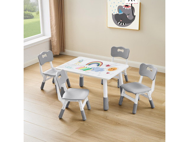 Adjustable Kids Table and 4 Chair Set, Height Adjustable Multi-Activity Play Desk, Marble Graffiti Design, Preschool Montessori Art & Craft...