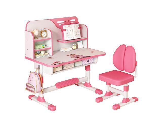 Upgraded Kid's Desk and Chair Set, Adjustable Children's Study Table with Bookshelf and Storage Drawer, 50-Degree Tiltable Desktop with Chair for.