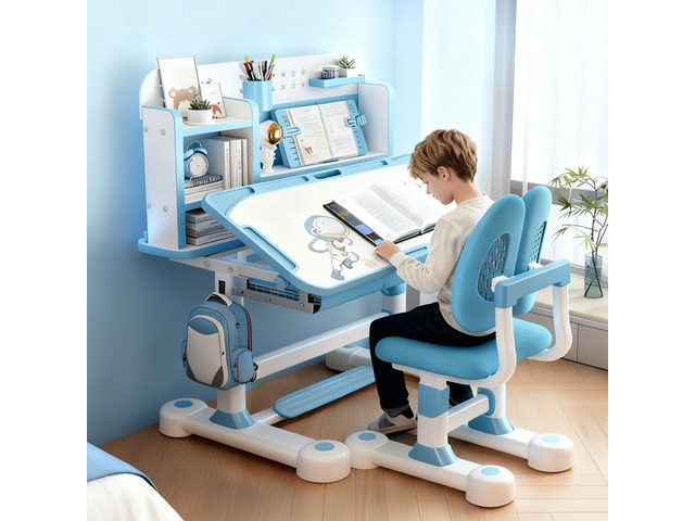 Height Adjustable Kids Desk and Chair Set, 0-50° Tiltable Desktop, Childrens Desk with Bookstand and Storage Drawer, Kids Study Table and Chair...