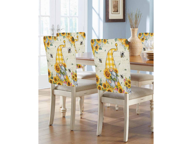Spring Summer Bee Gnomes 6 Packs Dining Chair Back Cover,Kitchen Dinner Chair Seat Covers Washable Chair Slip Covers,Sunflower Bumble Bee Yellow...