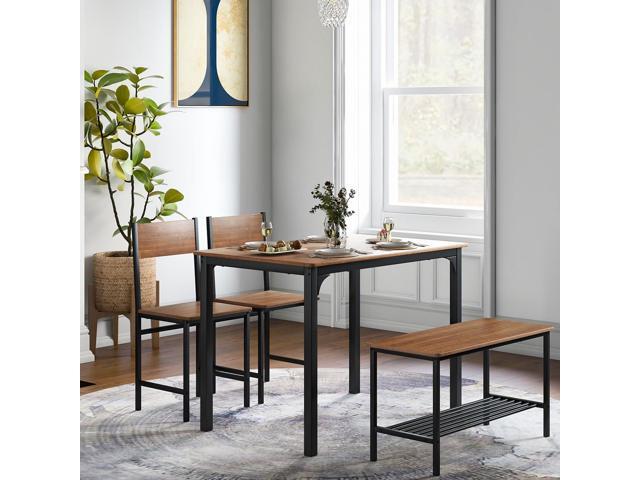 Moccha Dining Table Set for 4, Wooden Kitchen Table with with 2 Chairs and a Long Bench, Modern 4-Piece Dinette with Metal Frame & Storage Rack,.