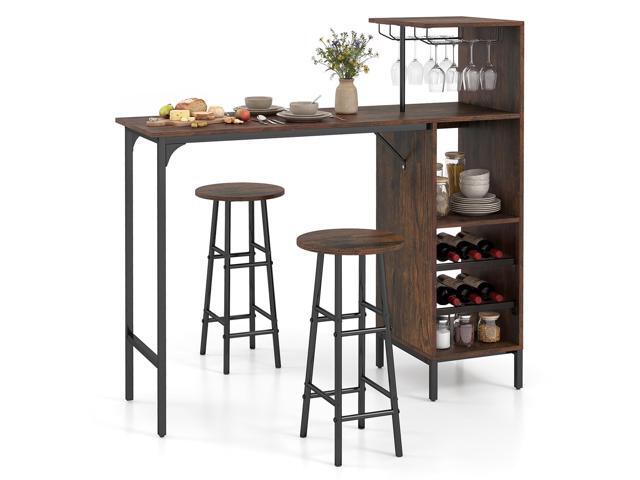3 Pieces Bar Table and Chair Set, Industrial Pub Table & Stools with Wine Glass Holders & 6-Bottle Wine Racks, Counter Height Dining Table Set for...
