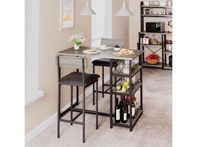 3 Bar Height Tables and Chairs, Small Dining Table for 2 People, Breakfast Table with 3 Storage Shelves, 2 Upholstered Stools with Backrests...