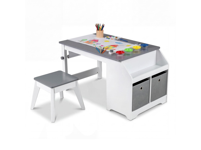 Kids Art Table and Chair Set, Wooden Arts Crafts Activity Set w/Paper Roll, Storage Shelf, Bins, for Writing Drawing Dining, Children Learning...