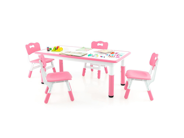 Kids Table and Chair Set, Height Adjustable Children Activity Table and 4 Chairs Set w/Erasable Graffiti Desktop, Toddler Table and Chair Set for...
