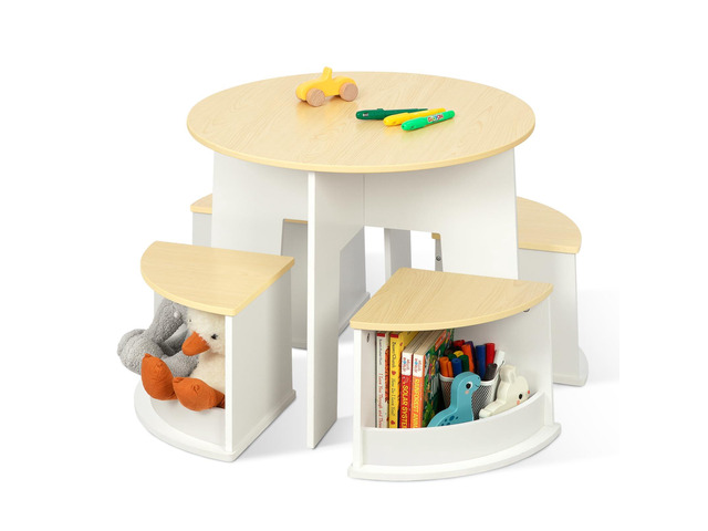 Toddler Table and Chair Set, Wooden Round Table with 4 Storage Stools, Kids Tables and Chairs for Arts, Crafts, Read and Play