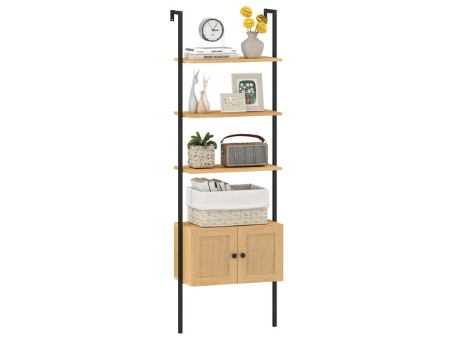 Ladder Bookshelf with Rattan Cabinet, 5-Tier Tall Wall-Mounted Bookcase with Metal Frame, 72.5' Boho Open Display Shelf Storage Organizer for...
