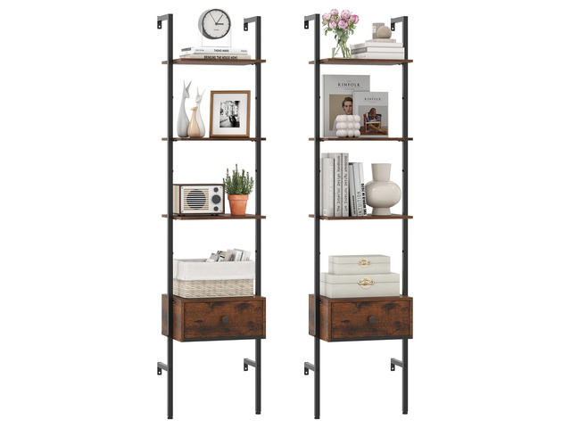 5-Tier Ladder Bookcase with Drawer, 70' Tall Wall-Mounted Bookshelf with Metal Frame, Industrial Open Display Shelf Storage Organizer for Living...