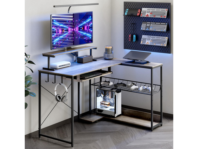 Computer Desk, L Shaped Gaming Desk with Monitor Stand & Storage Shelf & LED Light & USB Power Outlet, Reversible Shelves Corner Table with...
