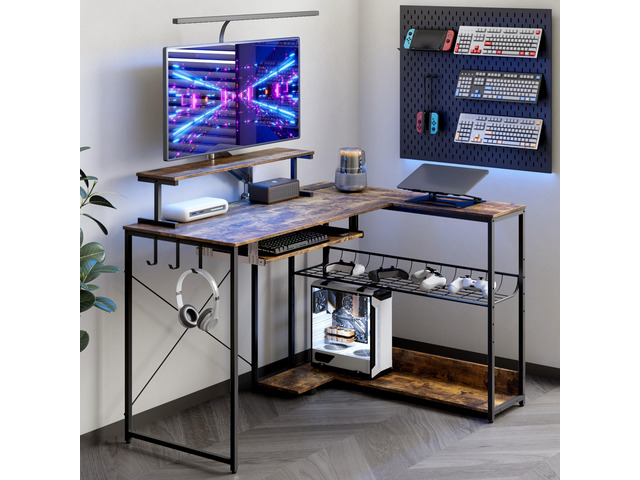 Computer Desk, L Shaped Gaming Desk with Monitor Stand & Storage Shelf & LED Light & USB Power Outlet, Reversible Shelves Corner Table with...