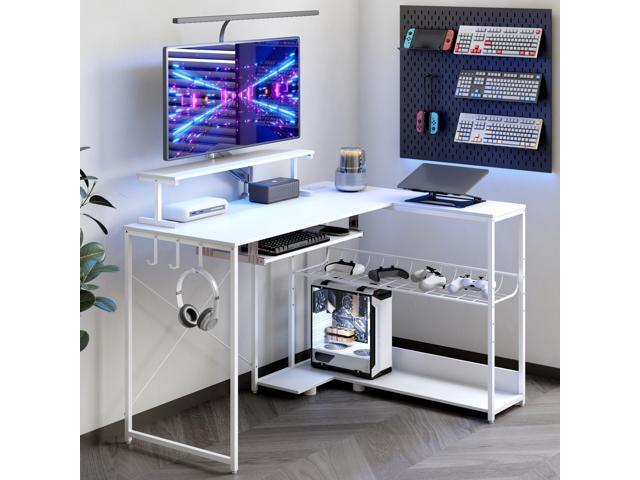 Computer Desk, L Shaped Gaming Desk with Monitor Stand & Storage Shelf & LED Light & USB Power Outlet, Reversible Shelves Corner Table with...