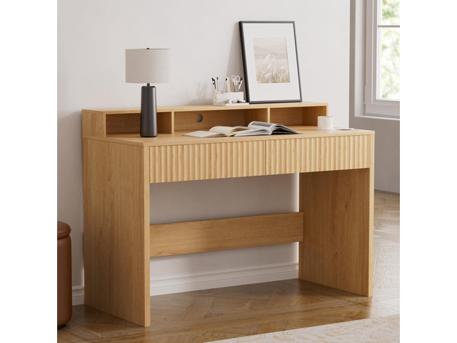 47' Fluted Office Desk with Storage Shelf, Modern Wood Executive Desk with Long Monitor Stand & 2 Drawers, Home Writing Study Computer Table Vanity...