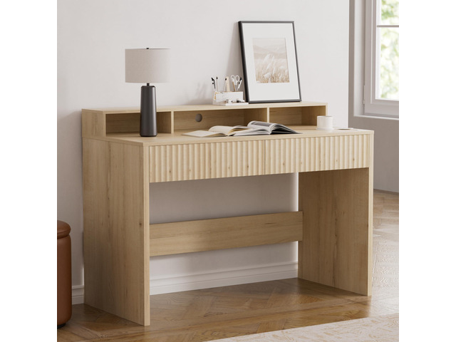 Fluted Executive Desk with Storage Shelf, 47' Modern Wood Home Office Desk with Long Monitor Stand & 2 Drawers, Writing Study Computer Table Vanity...