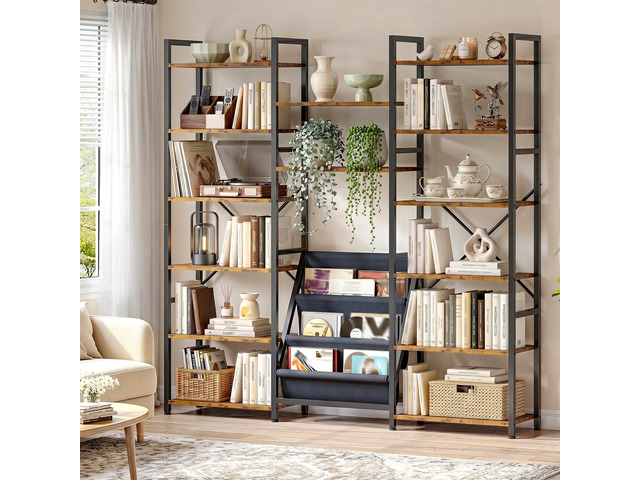 Triple Column 6 Tier Book Shelf with 14 Open Display Shelves and 3 Fabric Bags, Tall Bookcase for Home Office, Bedroom, Rustic Brown