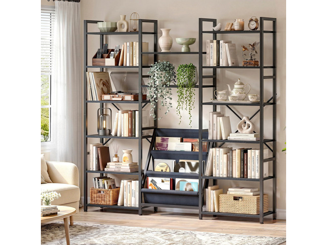 Triple Column 6 Tier Bookshelf with 14 Wooden Display Shelves and 3 Fabric Bags, Tall Bookcase with Metal Frame for Home Office, Bedroom, Black