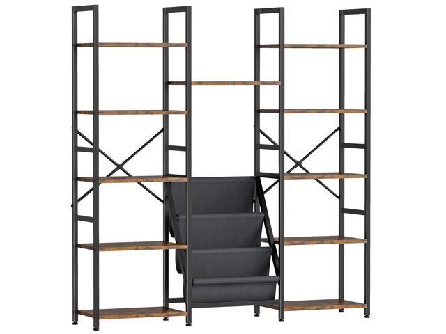 Triple Column 5 Tier Book Shelf with 11 Open Display Shelves and 3 Fabric Bags, Large Bookcase for Home Office, Bedroom, Rustic Brown
