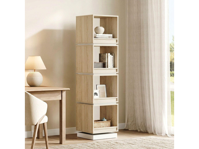 4-Tier Rotating Bookshelf Tower, 360Â° Spinning Wood Narrow Tall Book Shelf Organizer, Modern Geometric Storage for Sapce Saving, Revolving Bookcase...