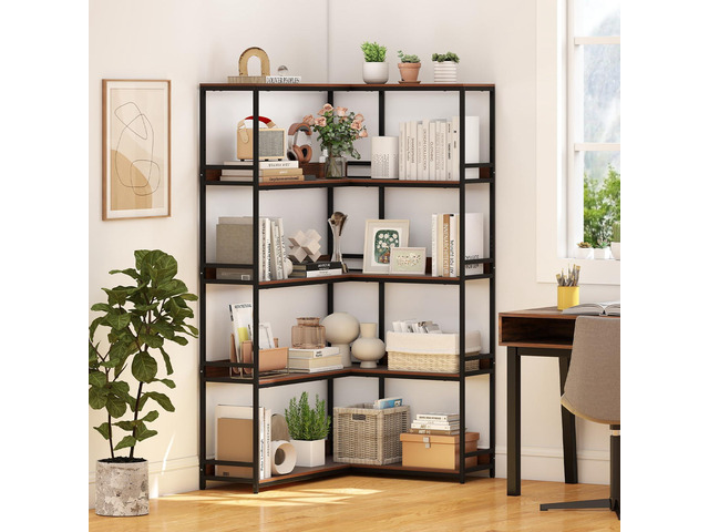 5-Tier Corner Bookshelf, 71' L-Shaped Bookcase, Tall Etagere Bookshelf with Metal Frame, Industrial Open Display Shelf, Vertical Storage Rack for...