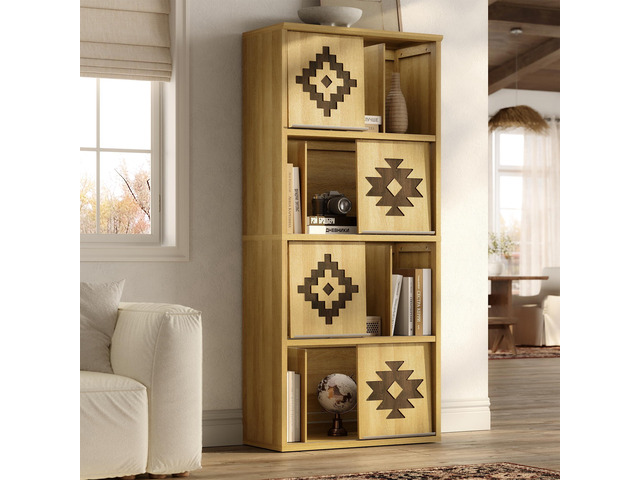 Bookcase & Bookshelf with Movable Bookends, 4-Tier Open Storage Shelves, Beveled Gliding Doors, Large Wooden Display Cabinet for Living Room, Home...