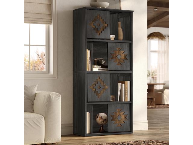 Bookcase & Bookshelf with Movable Bookends, 4-Tier Open Storage Shelves, Beveled Gliding Doors, Large Wooden Display Cabinet for Living Room, Home...