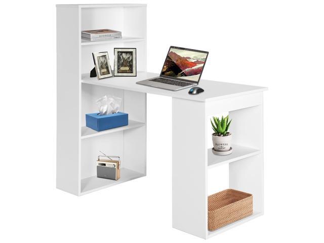 White Computer Desk with Shelves, 48 Study Writing Desk with 6-Tier Storage Shelves, Reversible Study Workstation w/Wide Base for Home, Office &.