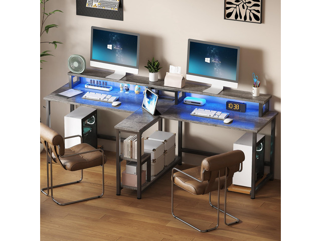 Two Person Desk with Monitor Stand, 83.7 Inch Extra Long Computer Desk with Storage Shelves, Double Long Study Writing Workstation for Home Office,...