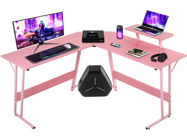 L Shaped Gaming Desk with Monitor Riser Stand, Home Office Corner Desk for Studying, Working and Gaming, Large Desktop, Pink