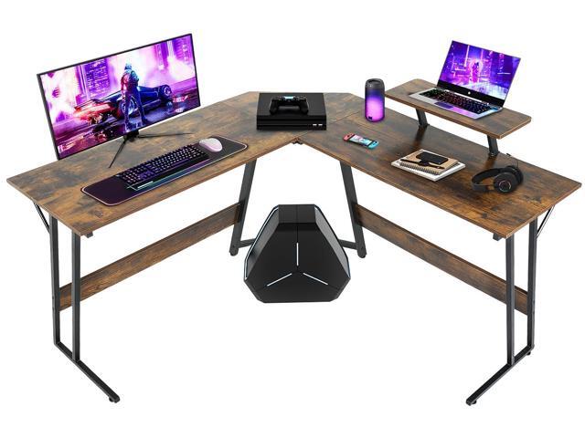 L Shaped Gaming Desk with Monitor Riser Stand, Home Office Corner Desk for Studying, Working and Gaming, Large Desktop, Brown
